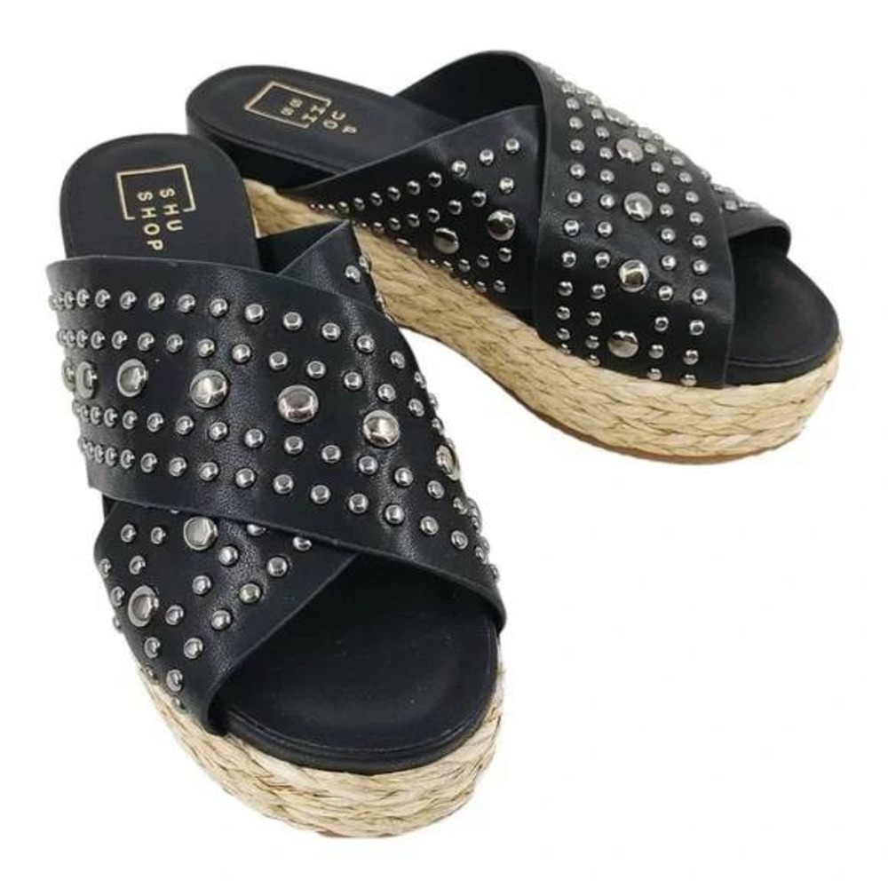 SHU SHOP Black Studded Cross‎ Band Espadrille Wedge Slide Sandals 8 / #S2644